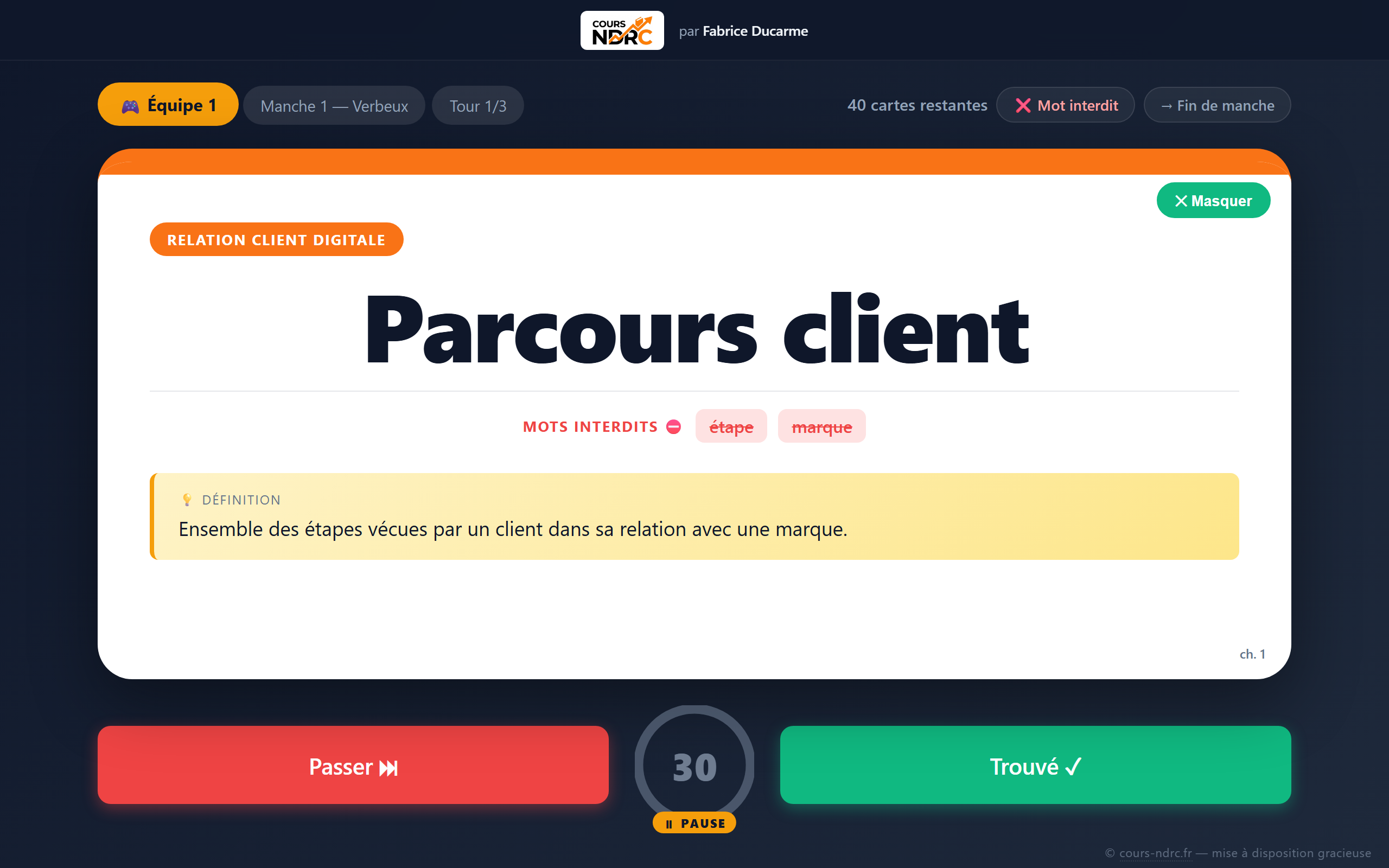 Bouton Définition cliqué : encadré jaune et badge PAUSE