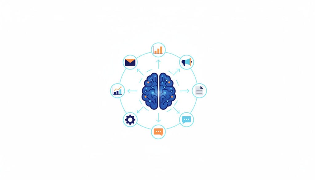 Schema d un agent IA central connecte aux outils marketing : email, analytics, reseaux sociaux, contenu, automatisation et conversation