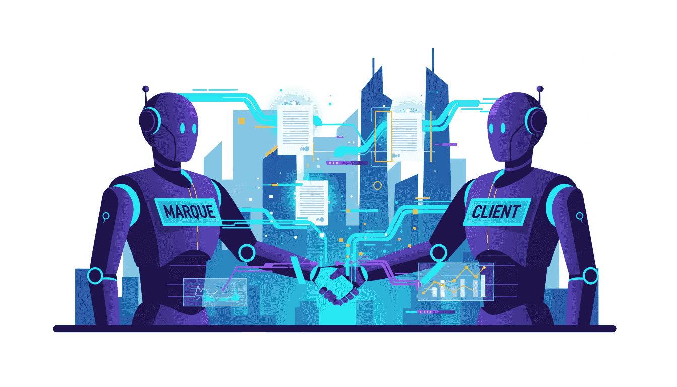 Illustration du commerce agentique en 2030 : deux robots représentant la marque et le client négocient de manière autonome