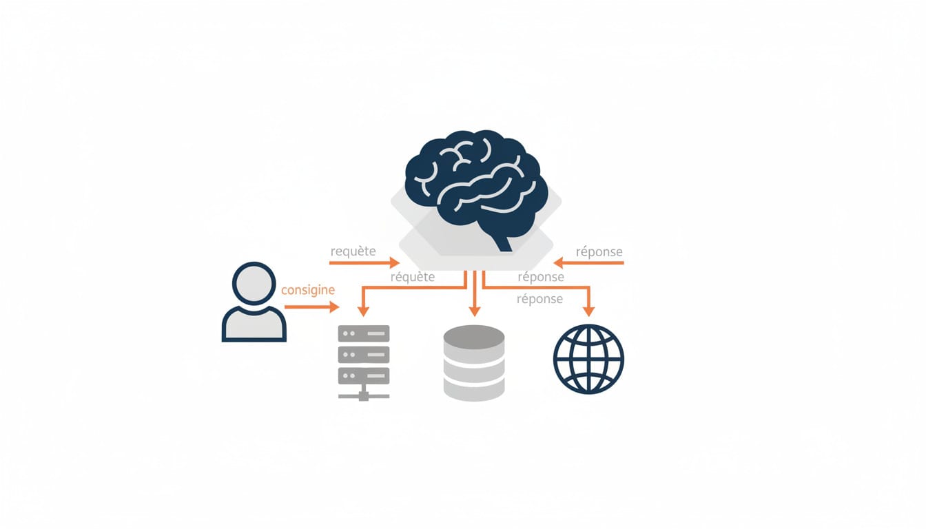 Schéma du fonctionnement technique d'un agent IA : utilisateur, cerveau LLM, serveur, base de données et web connectés par des requêtes et réponses