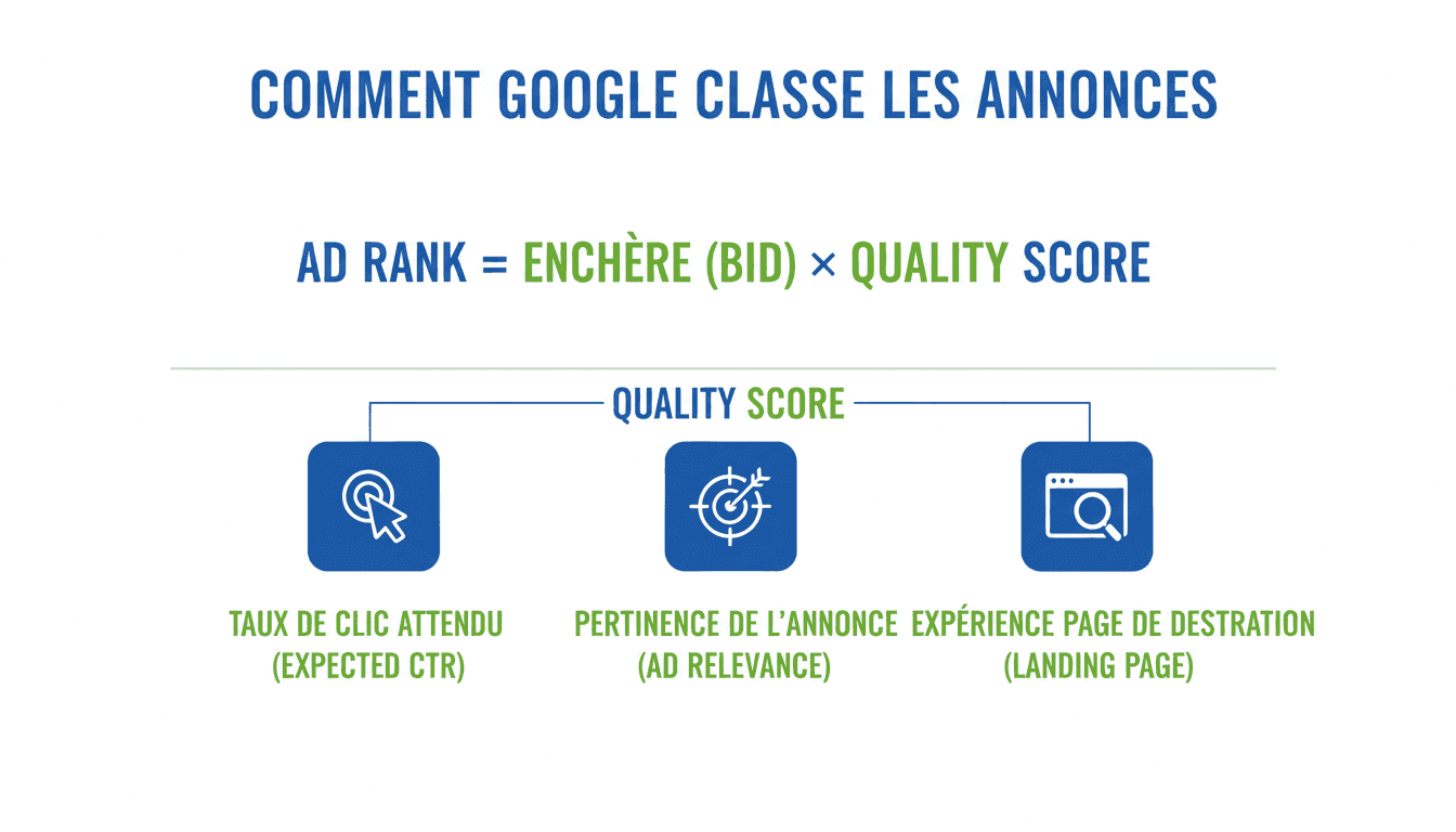 Schema Ad Rank Google Ads : Ad Rank = Enchere x Quality Score avec les 3 composantes du Quality Score