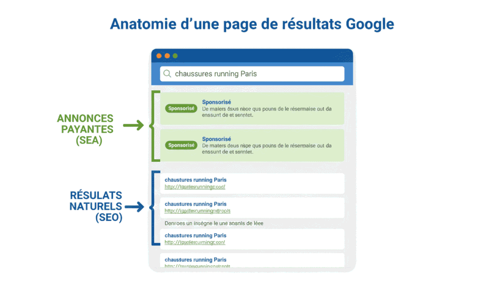Anatomie d une page de resultats Google : annonces payantes SEA en haut et resultats naturels SEO en dessous