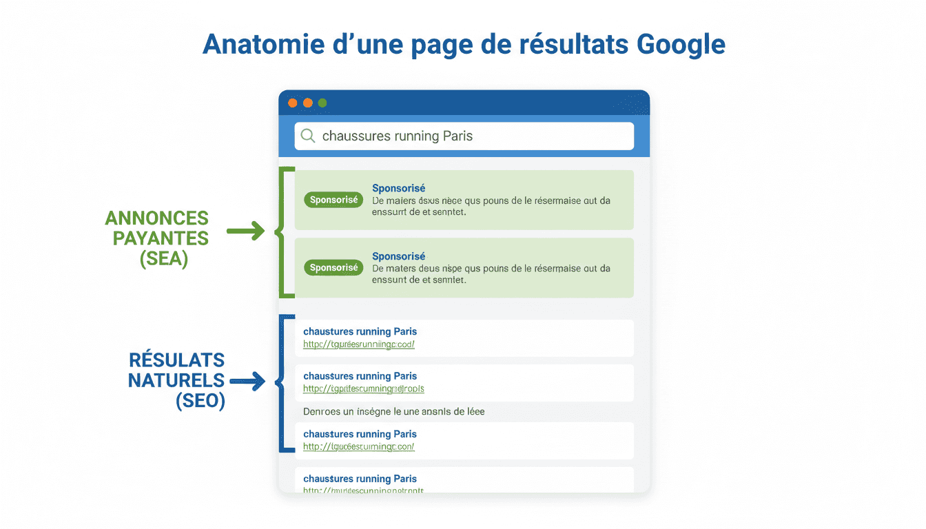 Anatomie d'une page de resultats Google : annonces payantes SEA en haut et resultats naturels SEO en dessous