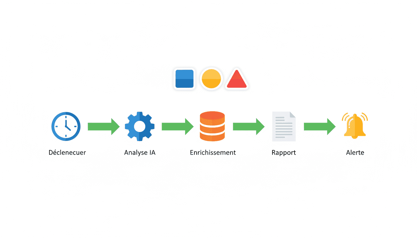 Workflow agentique no-code en 5 étapes : déclencheur, analyse IA, enrichissement, rapport et alerte