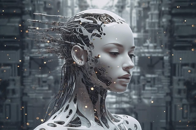 Femme robotique futuriste avec circuits et câbles en arrière-plan urbain.