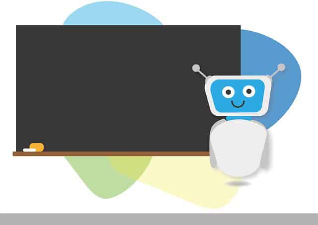 Robot éducatif devant un tableau noir, symbole d'apprentissage en ligne.