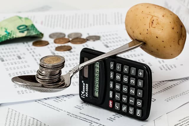 Calculatrice, pomme de terre, pièces de monnaie et documents financiers.