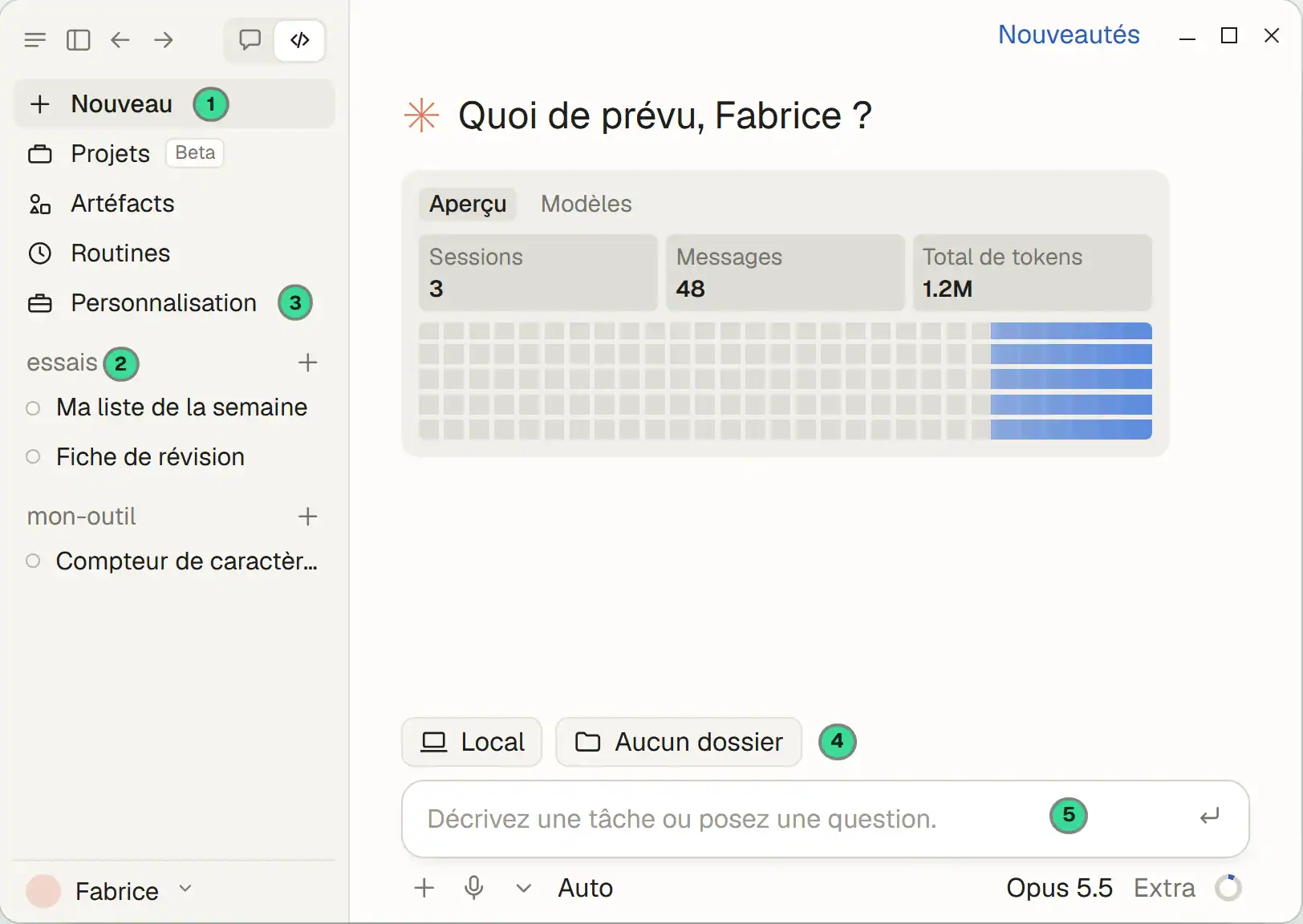 L'accueil du mode Code et ses cinq zones : Nouveau, les sessions rangées par dossier, Personnalisation, le choix du dossier, la zone de saisie