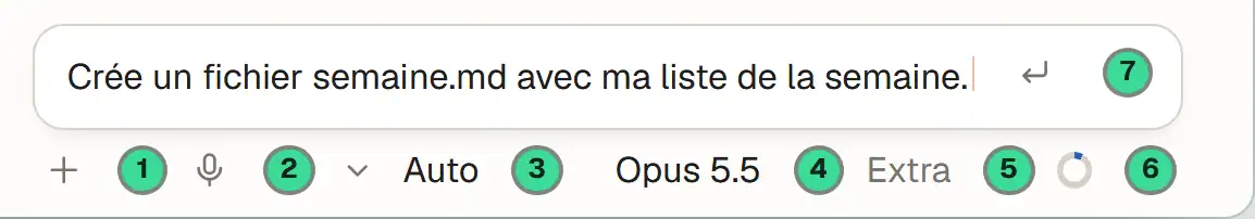 La barre sous la zone de saisie : pièce jointe, micro, mode d'autorisation, modèle, effort, anneau d'utilisation, envoi