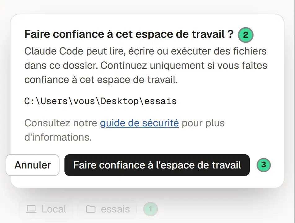 Le dialogue « Faire confiance à cet espace de travail ? », affiché après le choix d'un dossier