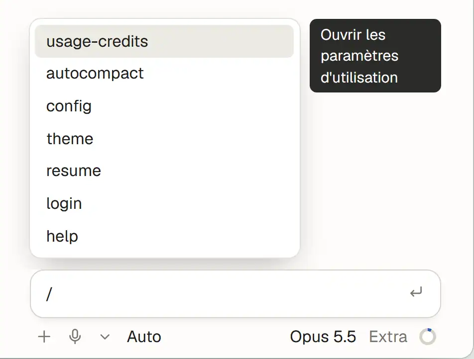 La liste des commandes qui s'ouvre quand on tape une barre oblique dans la zone de saisie
