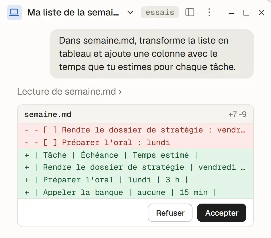 Avant de modifier le fichier, Claude Code montre en rouge ce qu'il retire et en vert ce qu'il ajoute, et attend un accord