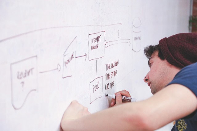 Jeune homme écrivant un diagramme sur un tableau blanc pour la formation NDRC.