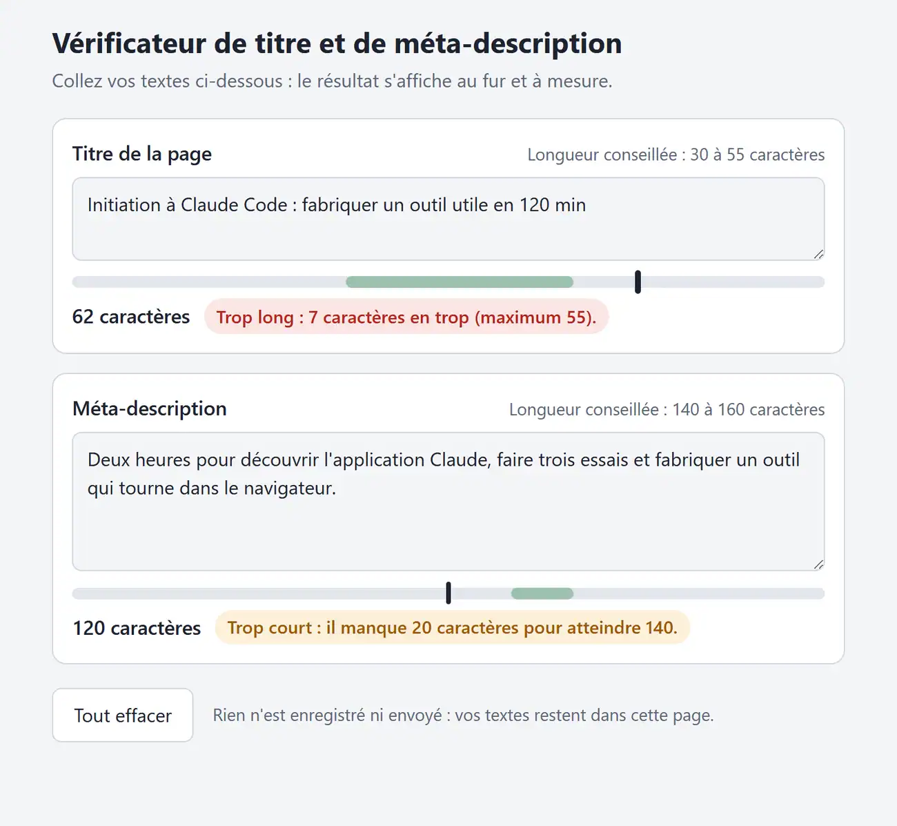 La première version de l'outil : le titre est signalé trop long de 7 caractères, la description trop courte de 20