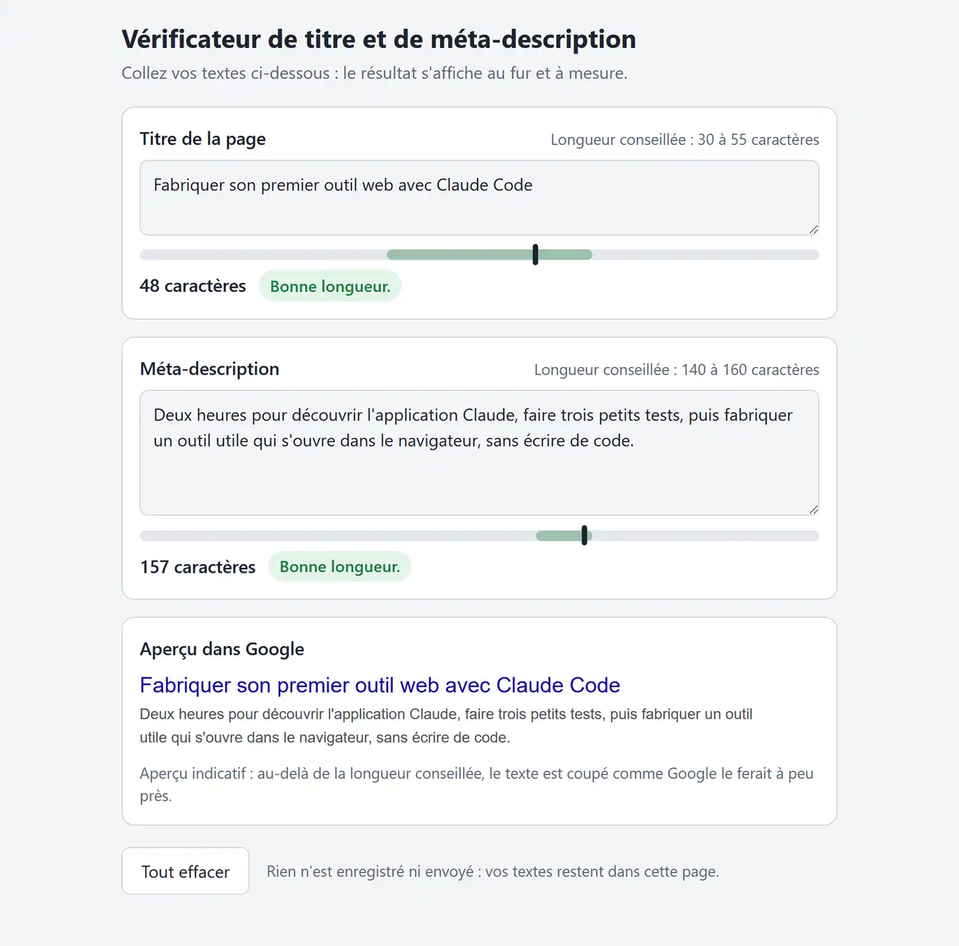 L'outil fabriqué avec Claude Code, ouvert dans un navigateur : deux champs, leurs compteurs, et un aperçu du résultat dans Google