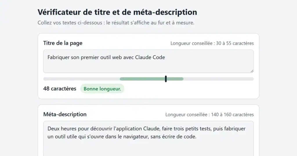 Le vérificateur de titre et de méta-description fabriqué avec Claude Code, ouvert dans un navigateur